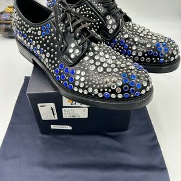 Men's Prada, black leather derby, shoes with studs and rhinestones size 11 I - Picture 9 of 12